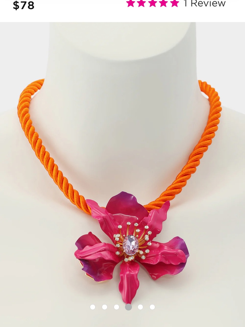 Betsey Johnson Orange Cord Necklace with Pink Floral Pendant